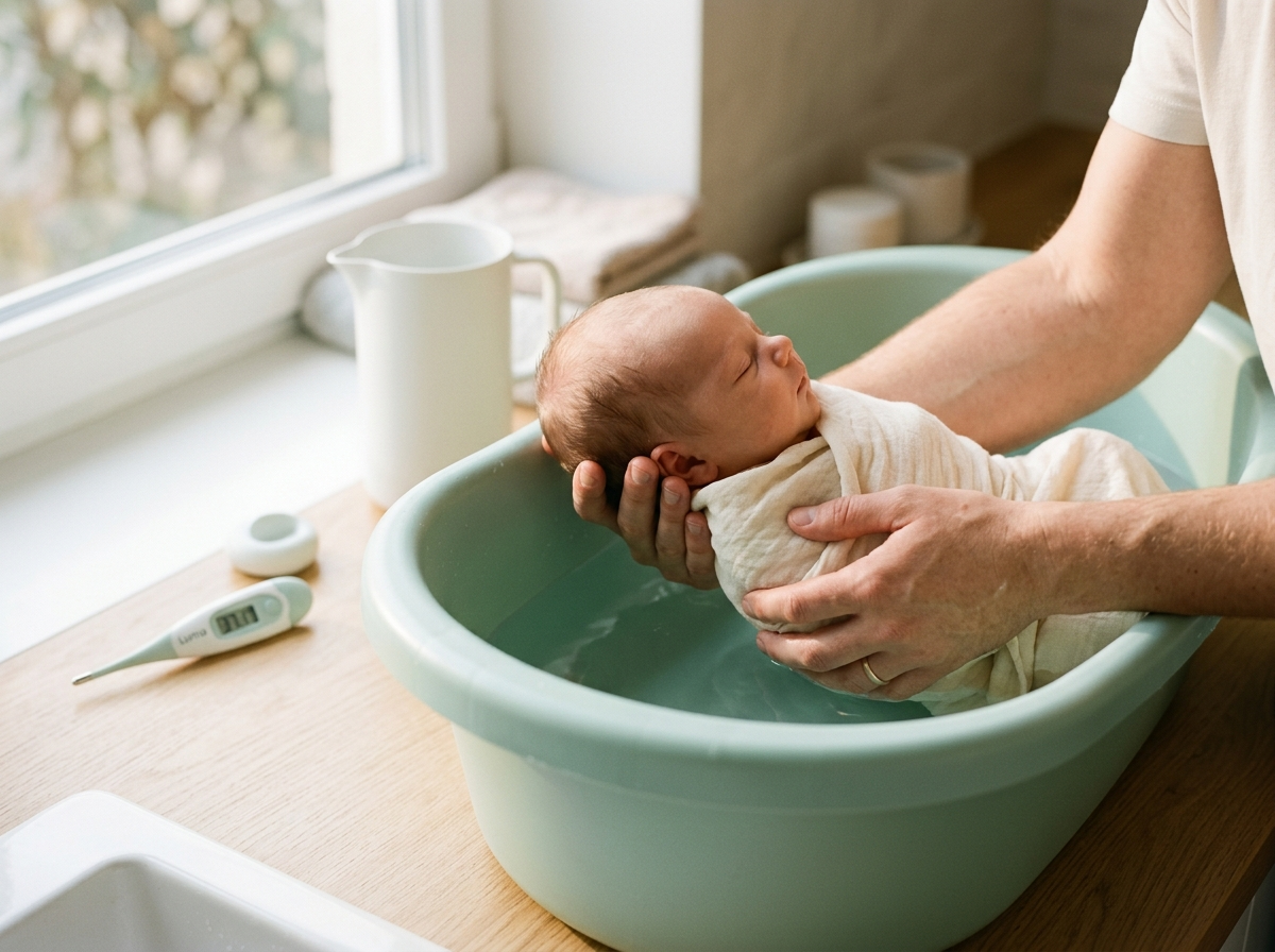 Spokojna pierwsza kąpiel: rodzic delikatnie trzyma noworodka w stylowej wanience dla niemowlat.