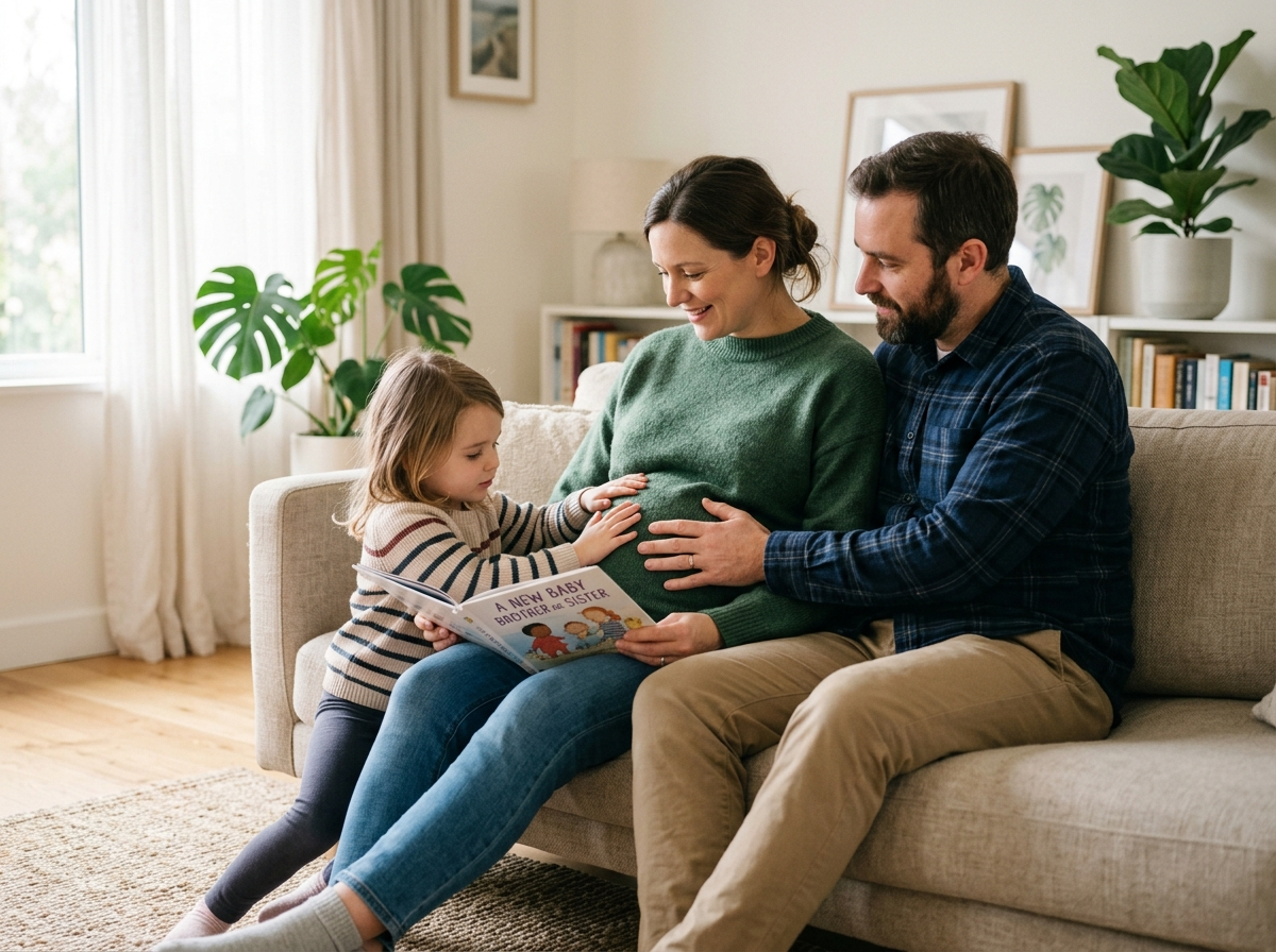 Spokojna rodzina: ciężarna kobieta, partner i dziecko, wspólnie przeżywająca ciąża tydzień po tygodniu.