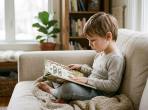Spokojne dziecko z delikatnymi plamkami ospy wietrznej u dzieci, czytające książkę na sofie.