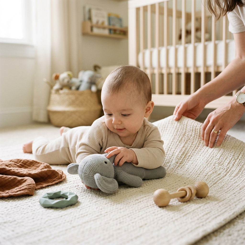 Spokojne niemowlę na macie, otoczone starannie dobranymi, nowoczesnymi akcesoriami dla niemowląt w jasnym wnętrzu.