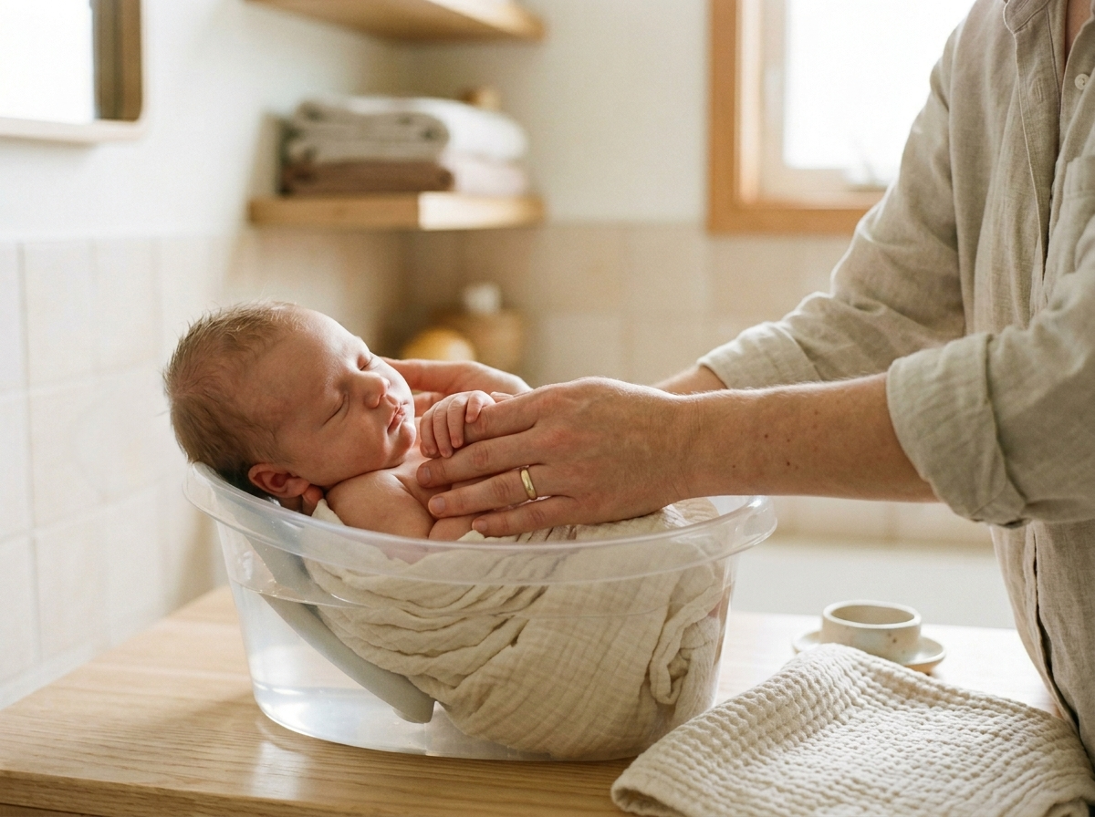 Spokojny noworodek w terapeutycznej wanience do kąpieli Tummy Tub, delikatnie podtrzymywany przez rodzica.