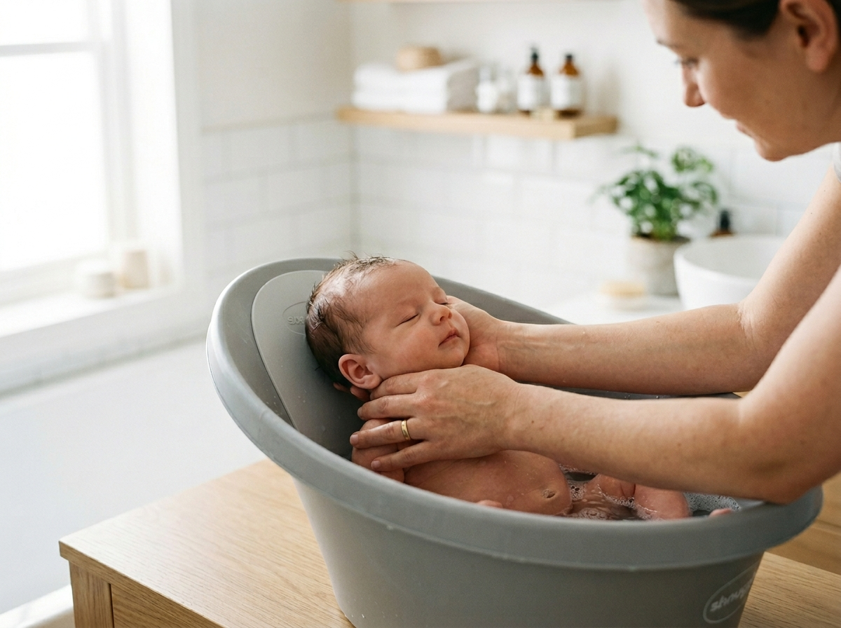Spokojny noworodek w wanience Shnuggle Baby, wspierany przez delikatne dłonie rodzica, zapewniając bezpieczną kąpiel.