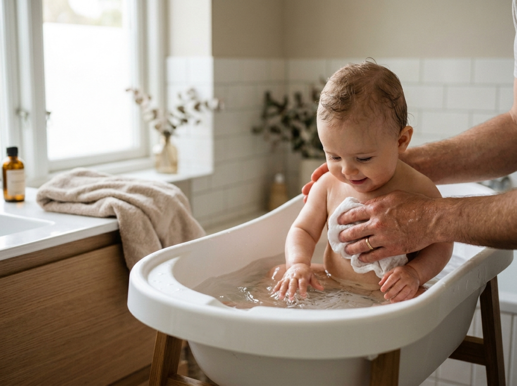 Szczęśliwe niemowlę kąpane przez rodzica w ergonomicznej wanience dla niemowlaka, w jasnej łazience.