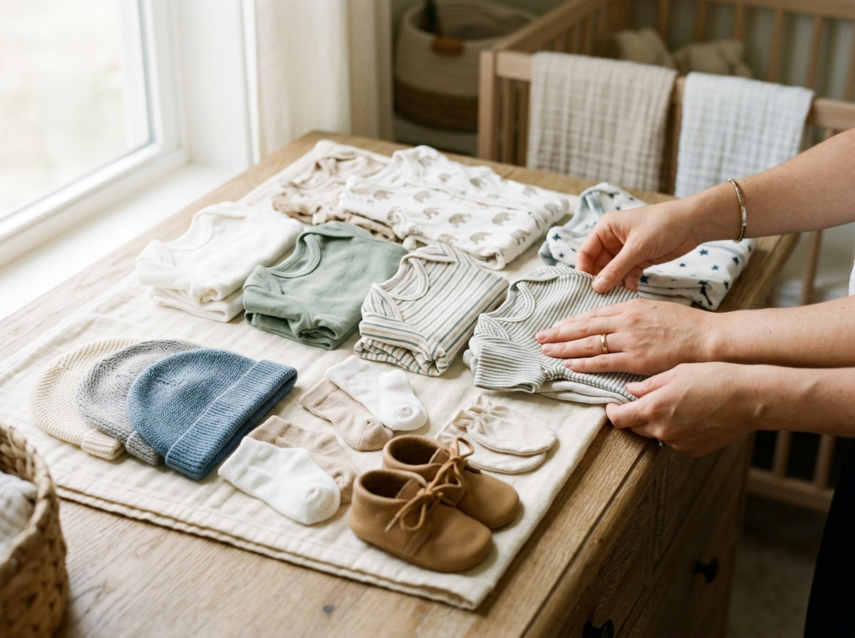 Ułożone ubrania niemowlęce i akcesoria, z dłońmi rodzica delikatnie je porządkującymi.