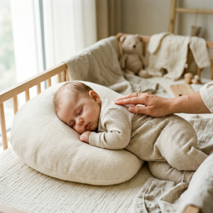 Urocze niemowlę śpiące bezpiecznie na miękkiej poduszce niemowlęcej, pod czujną opieką rodzica.