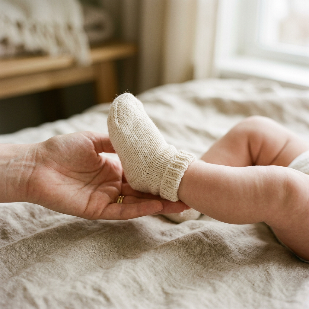 Zbliżenie na stopę niemowlaka w idealnie dobranych skarpetkach, delikatnie trzymaną przez rodzica.