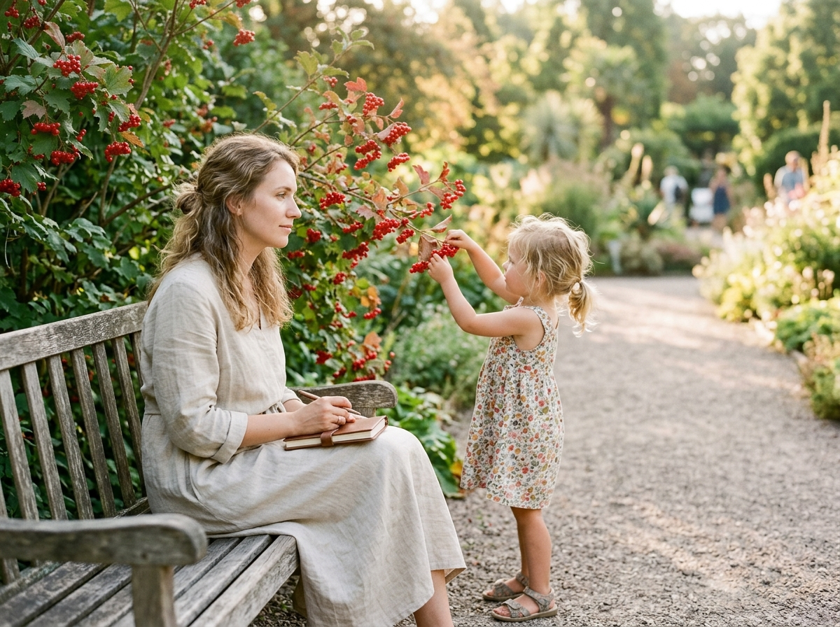 Matka z córką w słonecznym ogrodzie, kontemplująca wybór ładne imiona dla dziewczynek z natury.