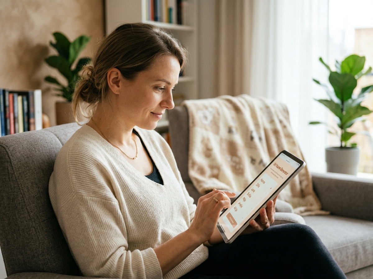 Młoda Polka przegląda interaktywny generator, szukając idealnego imienia dla dziewczynki na tablecie.