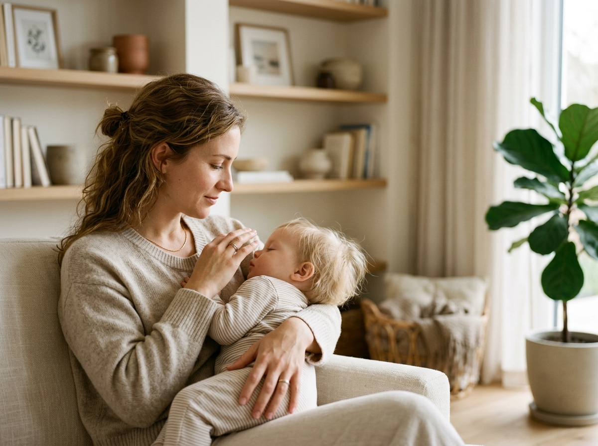 Młoda europejska matka zamyślona patrzy na spokojne dziecko, symbolizując idealne imię dla dziewczynki.