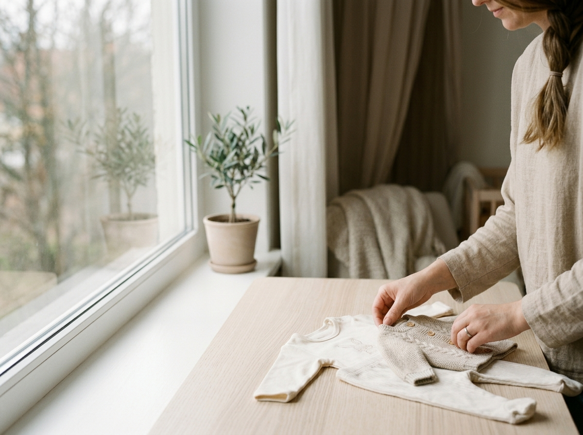 Młoda mama delikatnie rozkłada luksusowe ubranka dla niemowlaczka Mayoral, przygotowując prezent.