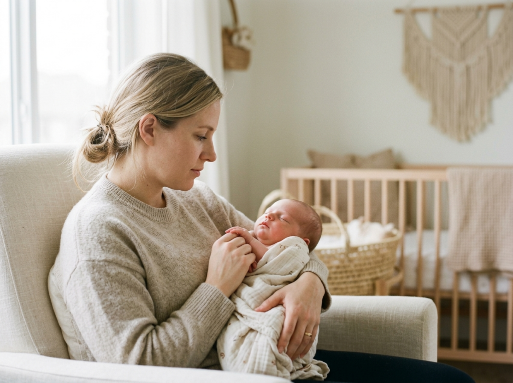 Młoda mama z czułością trzyma rączkę noworodka, rozmyślając nad idealnym imieniem dla dziewczynki.