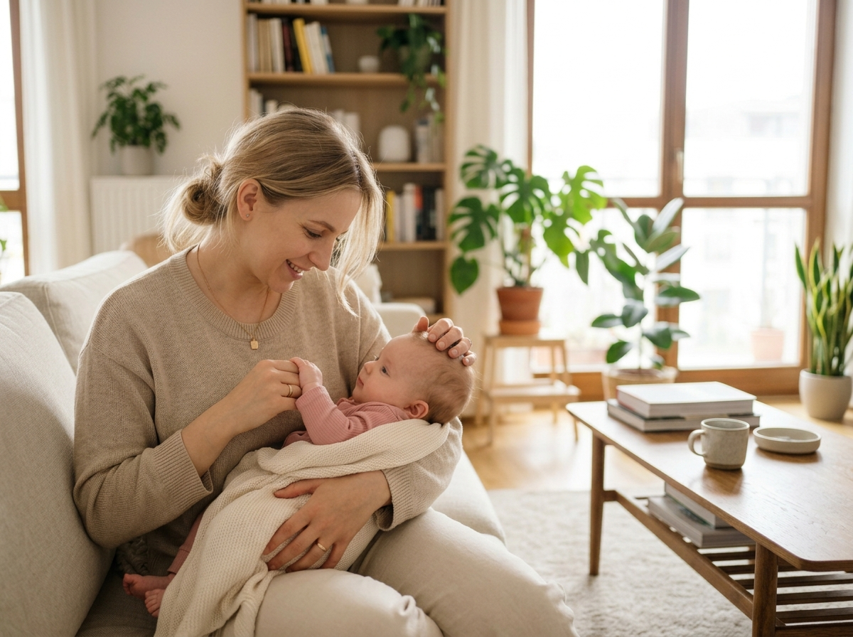 Młoda mama z miłością patrzy na córeczkę, symbolizując wybór ładne imiona dla dziewczynek.