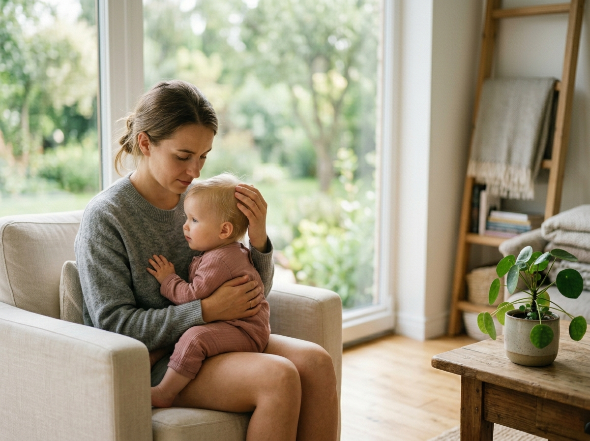 Młoda matka czule patrzy na córeczkę, w tle zielony ogród, symbolizując wybór ładne imie dla dziewczynki.