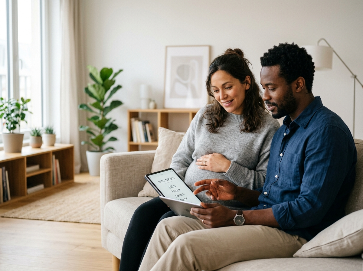Młoda para z nadzieją przegląda nowoczesną aplikację z imionami dla dzieci na tablecie.