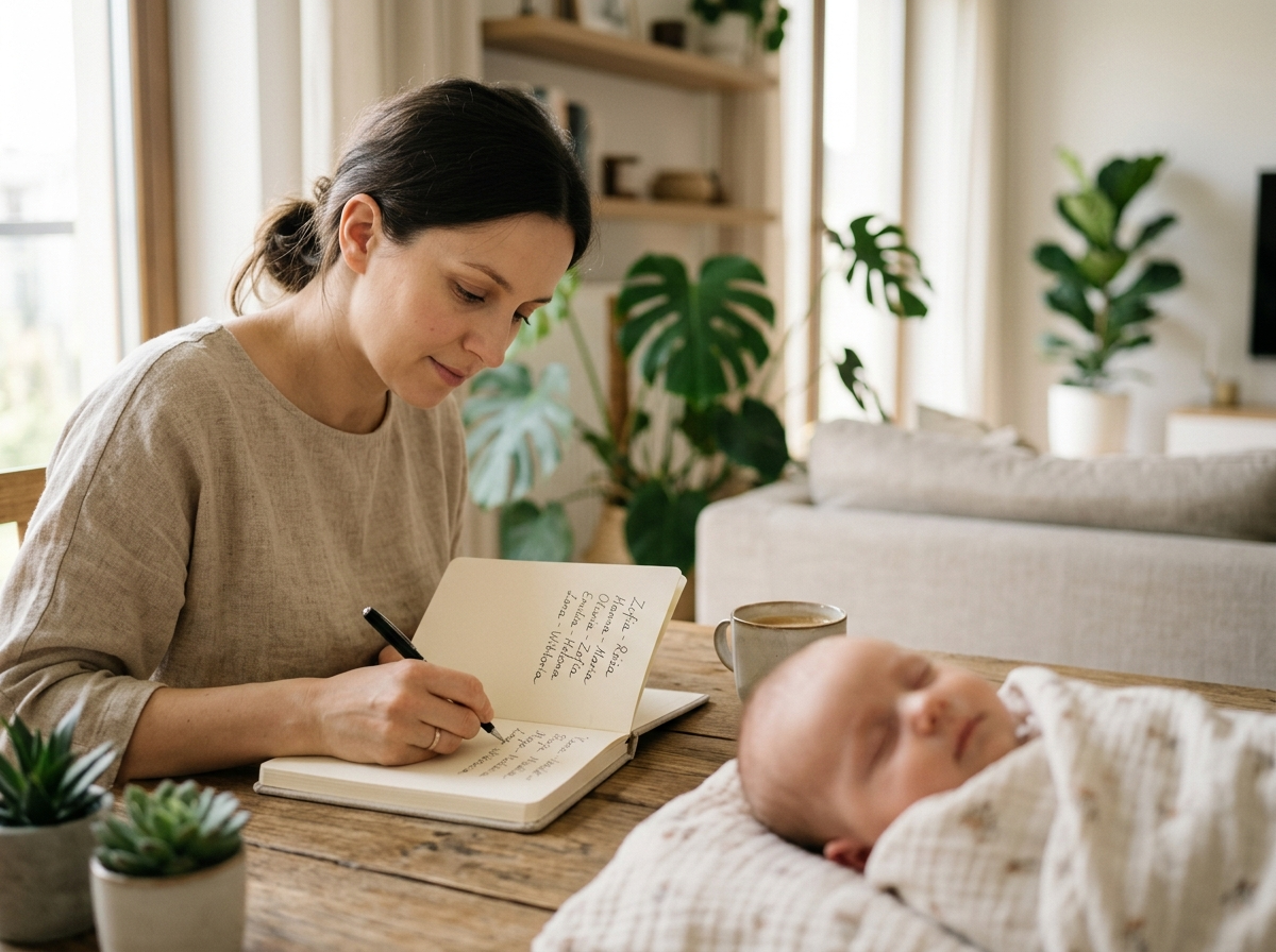 Polska mama zamyślona, zapisuje na kartce ładne imiona dla dziewczynki, obok śpi niemowlę.