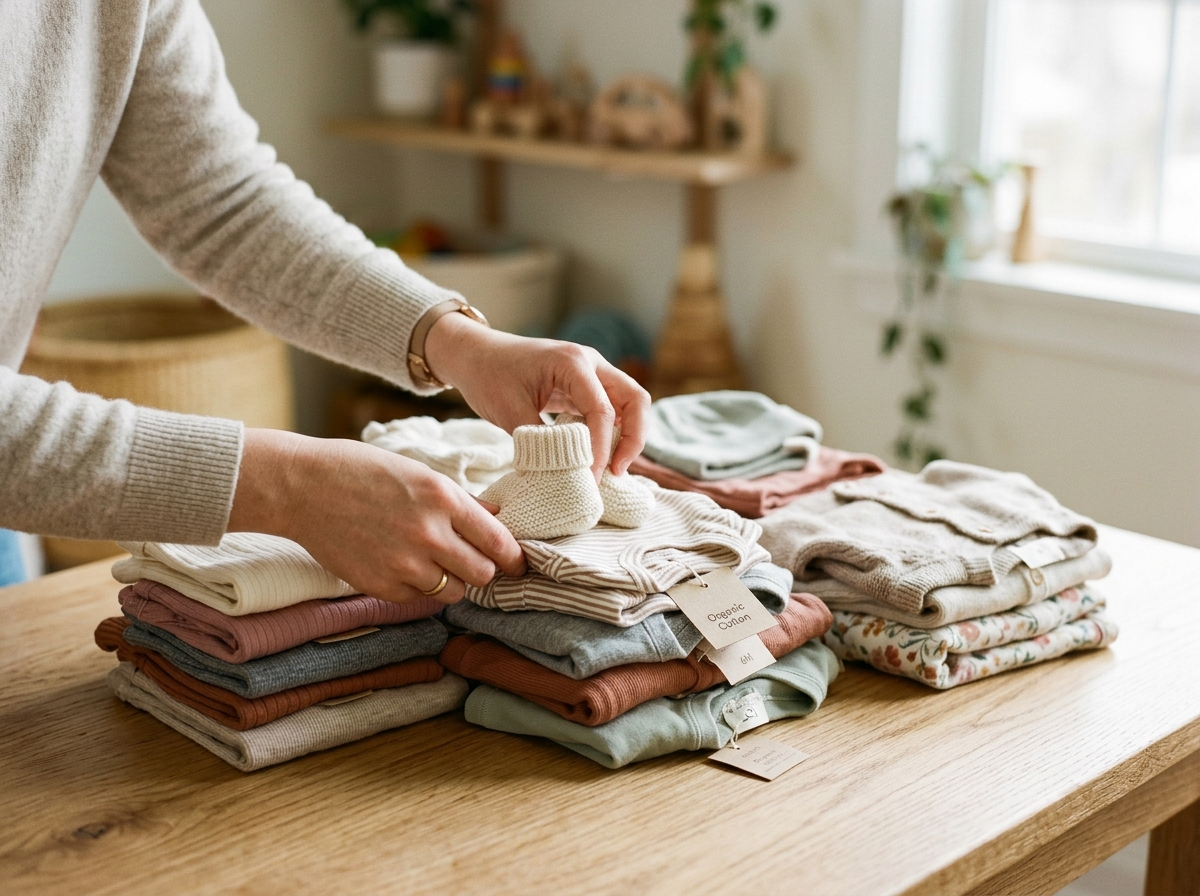 Ręce rodzica delikatnie wybierające różnorodne, zadbane ubrania dla niemowlaków z kosza, promując zrównoważone zakupy.