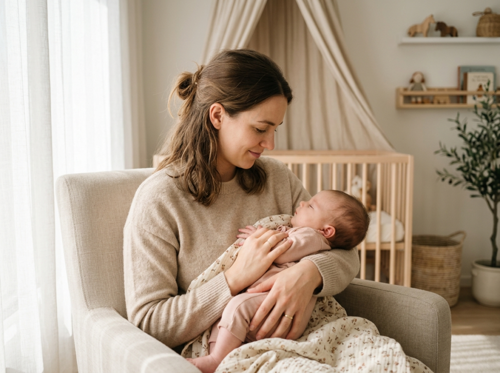 Rodzic czule trzymający niemowlę dziewczynkę w jasnym pokoju, symbolizujące poszukiwanie ładne imie dla dziewczynki.