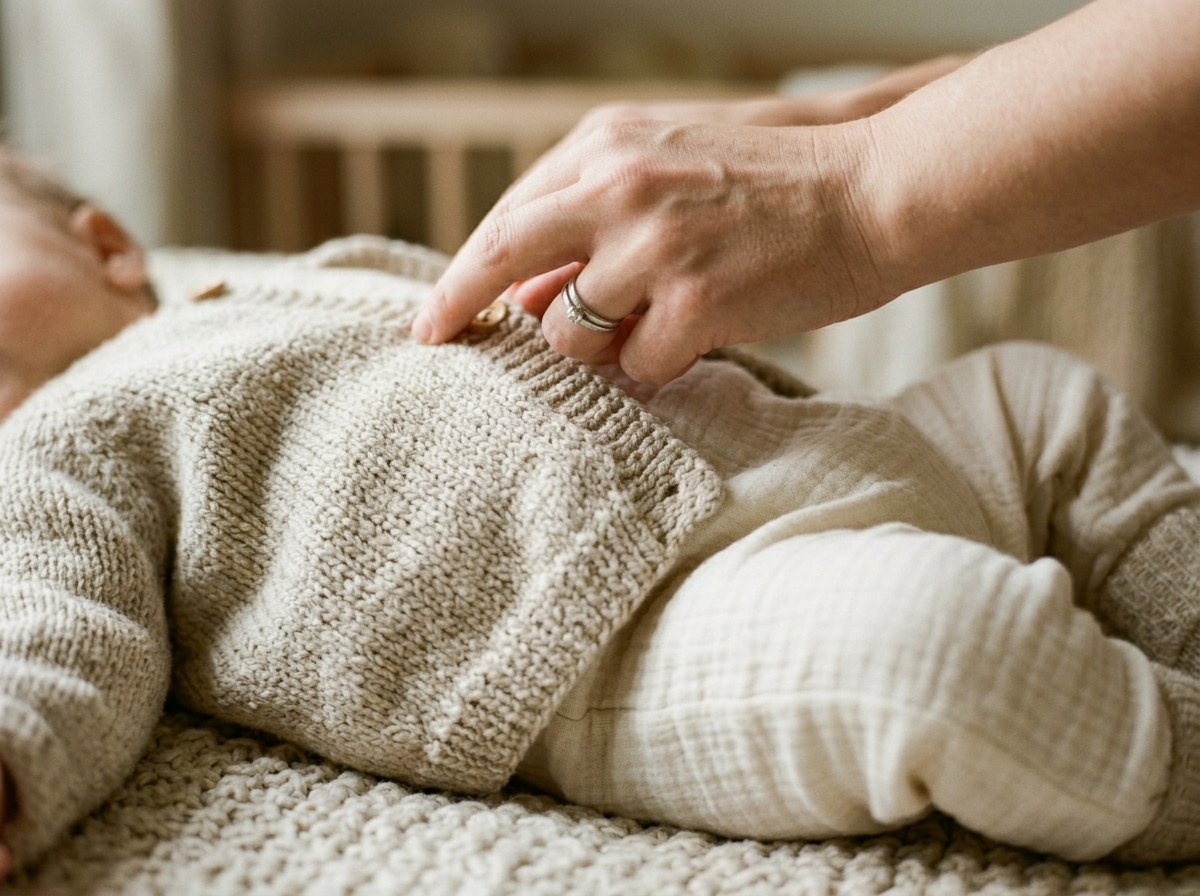 Rodzic delikatnie ubiera niemowlę w miękkie, warstwowe ubranka, prezentując wygodne stylizacje dla noworodków.