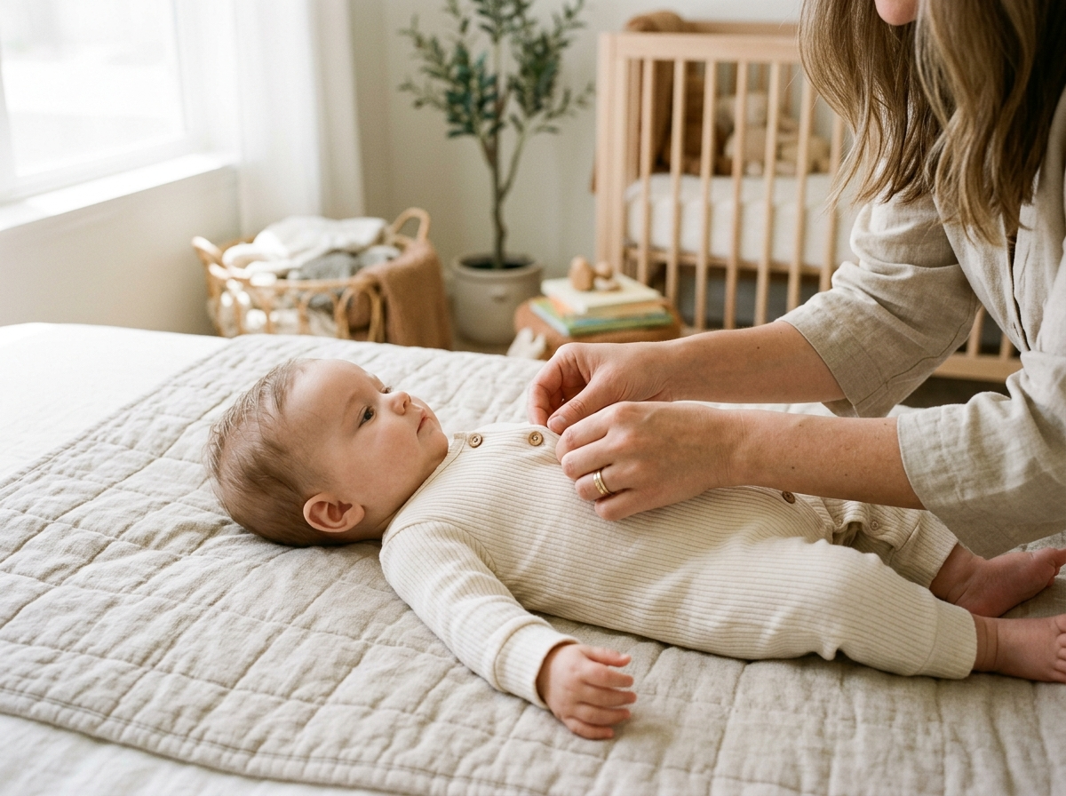 Rodzic delikatnie zakłada miękkie ubranka dla niemowlaczka z bawełny organicznej na maluszka w jasnym pokoju.