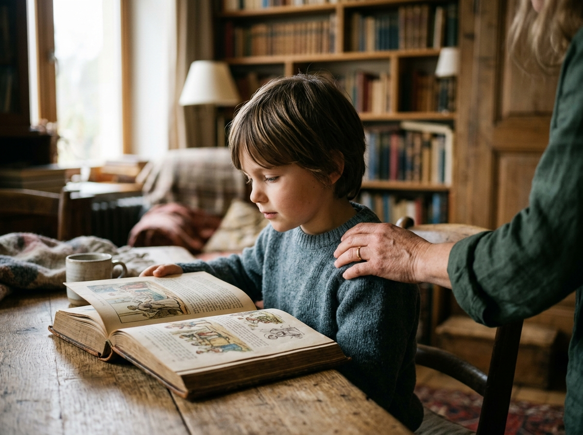 Uważne dziecko przeglądające starą księgę, z dłonią rodzica. Symbolizuje unikalne imiona dla dzieci i powrót do korzeni.