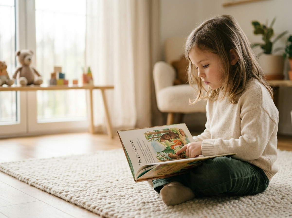 Zamyślona dziewczynka czytająca piękną książkę w jasnym pokoju, symbolizująca, jak ładne imiona dla dziewczynki kształtują tożsamość.