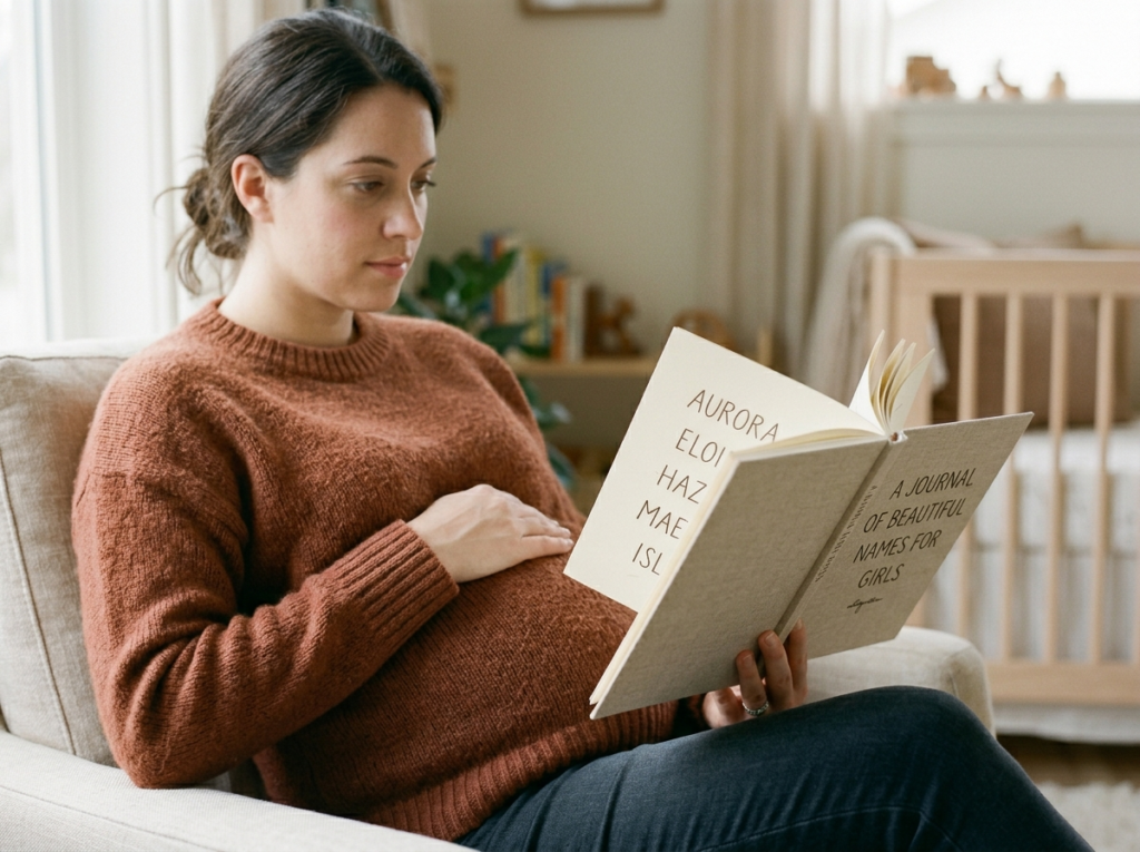 Zamyślona kobieta w ciąży przegląda książkę z ładnymi imionami dla dziewczynki w przytulnym pokoju.