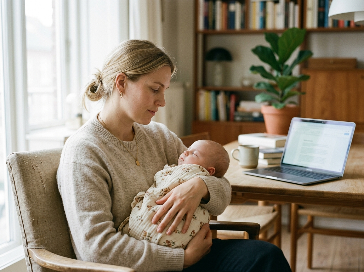 Zamyślona młoda mama delikatnie kołysze śpiące dziecko, rozważając idealne, ładne imie dla dziewczynki.